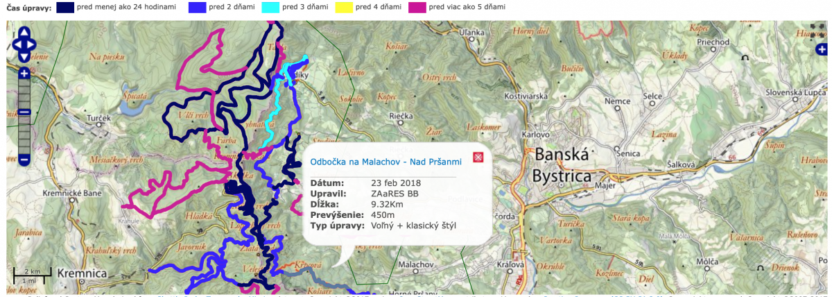 Príklad mapy upravenosti tratí pre bežecké lyžovanie